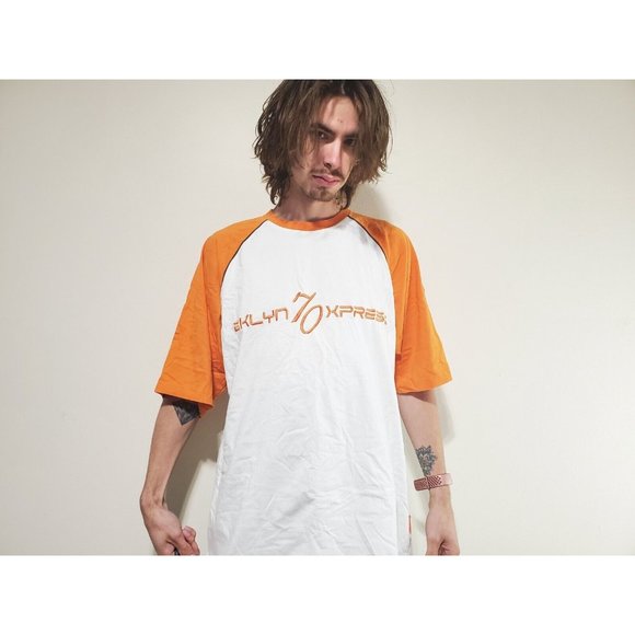 BX 70 BKLYN XPRESS Embroidered Logo Orange White Brown Accent Shirt Men's XL - Picture 1 of 7